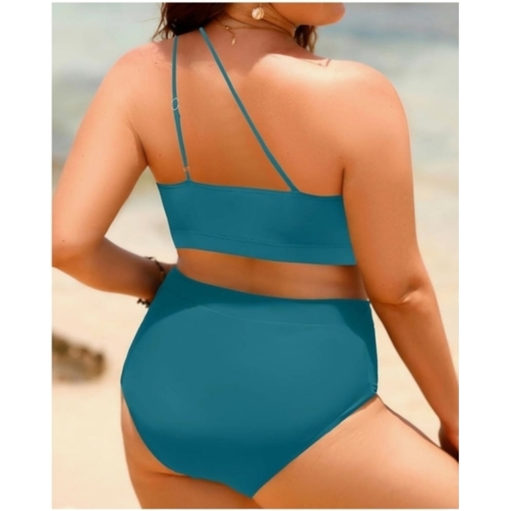 TEMPT ME - 20 Plus Teal One-Shoulder Two Piece Swimwear - Picture 4 of 14